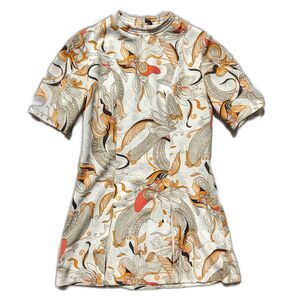 Vintage French 70s Psychedelic Floral Mock Turtleneck Front Slit Tunic Top Sz XS